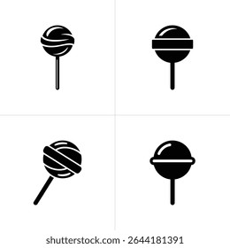 Uma grade exibe quatro projetos de pirulito exclusivos, cada um com uma silhueta preta contra um fundo branco. Os pirulitos apresentam diferentes formas e estilos de envoltório para apelo variado.