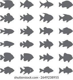 A grid displays multiple gray fish silhouettes varying in shape and size against a white background. The simple shapes create a minimalist aesthetic.