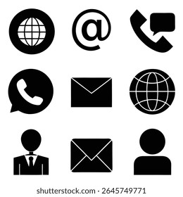 Uma grade exibe nove ícones do método de contato preto contra um fundo branco. Cada ícone é simples e representa claramente um método de comunicação, como telefone de email ou globo