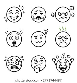 A grid displays nine different cartoon facial expressions and emotions with black outlines on a white background.
