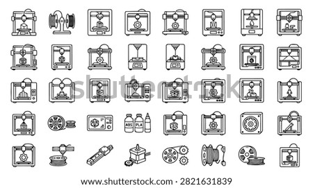 A grid displays numerous line art icons of 3D printers and associated components like filament spools and extruders.