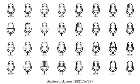 A grid displays numerous vintage microphone icons with a clean, minimalist line art style.