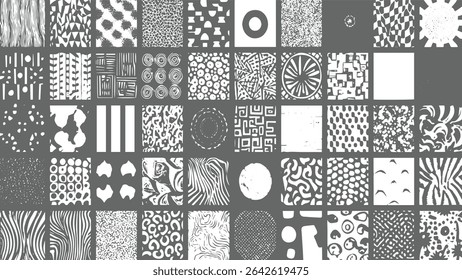 A grid displays set distinct black and white abstract patterns featuring geometric shapes and organic textures in a hand-drawn style. The patterns are seamless and ideal for various design 