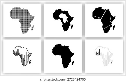 A grid displays six distinct black and white graphical representations of the African continent, ranging from solid silhouettes and dotted patterns to segmented maps and outlines filled with bar chart elements, all presented on a clean white background.