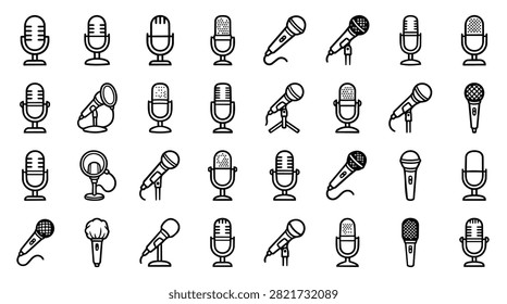 A grid displays various microphone icons, showcasing different styles and designs for audio recording and broadcasting.