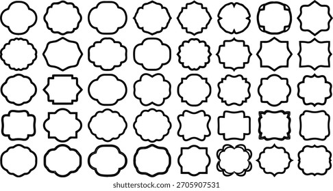 A grid of diverse black outlined decorative frames and borders with intricate and unique shapes, presented on a white background.