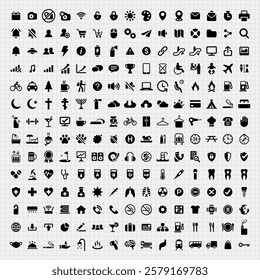 Grid of diverse icons, featuring symbols for technology, transportation, and communication. Icons include arrows, gears, and phones. Versatile icon set. User interface icon vector set.