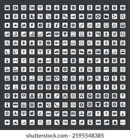 Grid of diverse icons featuring technology, communication, and lifestyle symbols. Icons include phones, computers, and people in various activities. User interface icon vector set.