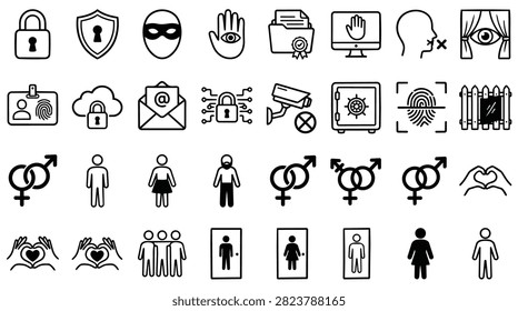 A grid of diverse icons illustrating security concepts like locks and fingerprints alongside symbols for people and relationships.