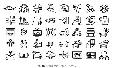 A grid of diverse icons illustrating various aspects of self-driving cars, artificial intelligence, connectivity, and smart transportation systems.