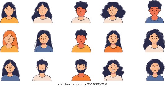 A grid of diverse illustrated faces expressing various emotions and hairstyles.