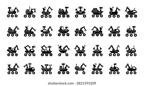 A grid of diverse robotic rover designs for space exploration missions, all shown in black silhouette.