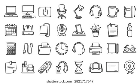 A grid of doodle-style icons representing various office supplies and technology items for work and study.