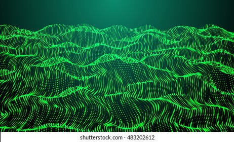 Grid dots Abstract landscape background. Cyberspace  . 3d technology vector illustration.