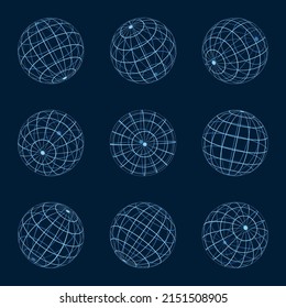 Grid Earth. Gridded Globe, Blue Wireframe Ball, Sphere Grids For Global News Internet Network Web Spreading Design Concepts, World Lines Spheres