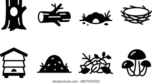 A grid of eight black silhouette on a white background, depicting natural like a tree trunk with a hollow, logs, a burrow, a bird's nest, a beehive, an anthill, fallen leaves, and mushrooms.