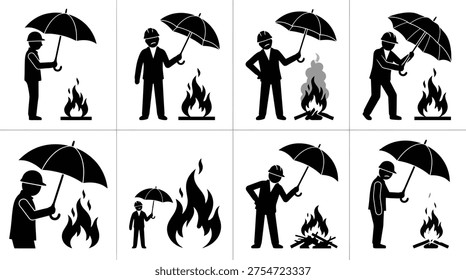 A grid of eight black and white pictograms depicting people holding umbrellas near fires, some appearing concerned or protected, others indifferent.