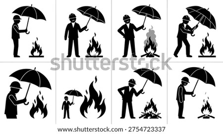 A grid of eight black and white pictograms depicting people holding umbrellas near fires, some appearing concerned or protected, others indifferent.