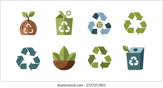 Ein Raster aus acht verschiedenen flachen Designsymbolen, die Konzepte von Recycling, Ökologie und Nachhaltigkeit veranschaulichen und klassische Pfeilsymbole, Sämlinge, Topfpflanzen und Abfalleimer enthalten