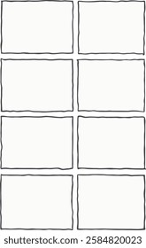 Grid of eight hand-drawn empty rectangular frames with slightly irregular borders. Clean minimalist isolated storyboard, comic layout with header space.
