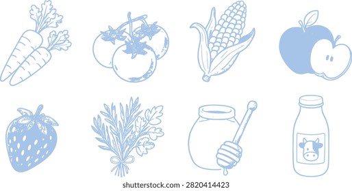 A grid of eight light blue line on a white background. The row two carrots, a cluster of tomatoes, a corn cob, and an apple with a slice removed. The bottom row a strawberry, a bouquet of herbs tied with a bow, a jar of honey with a dipper, and a milk bottle with a cow label. The style is simple, hand-drawn, and sketch-like with a textured fill in some