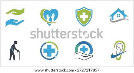 A grid of eight modern abstract logos and icons, primarily in blue, green, and gray tones on a white background, representing diverse concepts such as healthcare, medical services, elder care, community support, hearing health, and general wellness