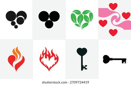 Una cuadrícula de ocho iconos gráficos simples sobre un fondo blanco incluye círculos negros, un corazón de hoja verde, corazones rojos con remolinos rosados, un corazón rojo con llamas naranjas.