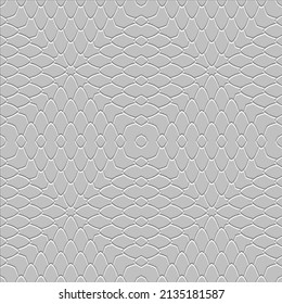 Grid embossed white 3d seamless pattern. Textured emboss skin background. Repeat relief lattice backdrop. Surface lacy ornaments with embossing effect. Modern design. Endless grunge embossing texture.