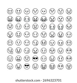 Uma grade de emojis, cada um exibindo uma expressão única, mostrando uma gama de emoções.