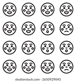 Uma grade de emojis mostrando expressões alegres, surpresas e tristes em contorno preto