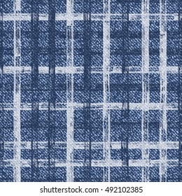Grid Faded Denim Texture Vector Background. Checkered Frayed Jeans Fabric Seamless Pattern