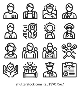 The grid features sixteen icons representing various professions and activities, with a minimalist style using simple black lines on a white background. The icons range from security personnel.