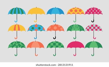 Grid of fifteen unique umbrellas with different colorful patterns like dots, stripes, and checks on a gray background.