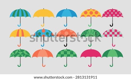 Grid of fifteen unique umbrellas with different colorful patterns like dots, stripes, and checks on a gray background.