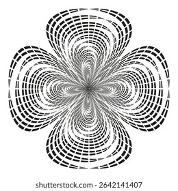 Grid flower vortex. Spiral illusion form. Optical swirl pattern. Vector radial element.