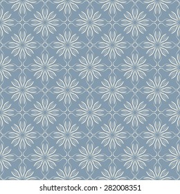Grid of flowers on blue background, vector seamless pattern, summer elegant print, lace
