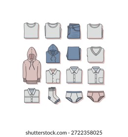 Una cuadrícula de prendas de vestir dobladas que incluye camisas, suéteres, pantalones y calcetines