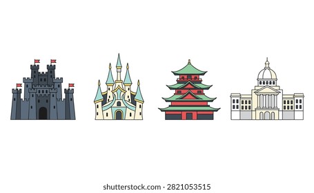 Grid of four distinct castle architectural styles including a dark medieval fortress, magical palace, pagoda, and capitol.
