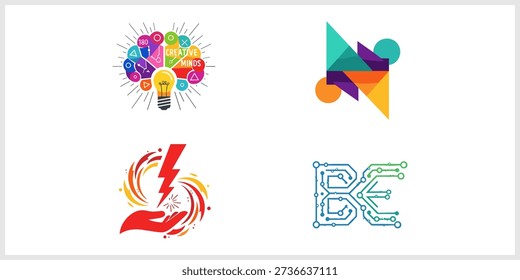A grid of four distinct graphic designs includes a colorful brain with a lightbulb symbolizing creative minds, an abstract composition of overlapping geometric shapes, a hand holding a lightning bolt representing power, and the letters 'BE' formed by a circuit board pattern
