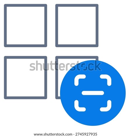 A 2×2 grid of four empty square tiles or panels or  windows, with a blue circular button overlaid in the front containing a minimize or  collapse icon (four inward arrows pointing to a horizontal line “−”), symbolizing grid view, dashboard layout, tile or  card arrangement, multi-window or  split screen, minimize all windows, collapse dashboard, compact view, window manager or  task view, or reduce to overview or  minimize grid.