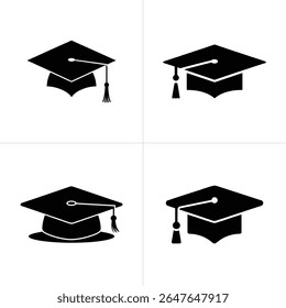 A grid of four graduation caps in black silhouette against a white backdrop, each offering a unique design variation, signifying academic achievement and celebration.
