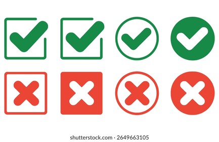 A grid of four green check mark icons and four red cross mark icons in square and circular shapes, isolated on a transparent background.