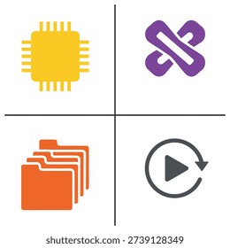 A grid of four icons: a yellow microchip, a purple link symbol, an orange stack of files, and a gray play button with a refresh arrow