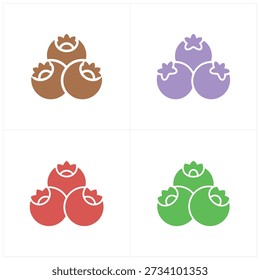 A grid of four quadrants, each containing stylized fruit icons in orange, purple, red, and green.