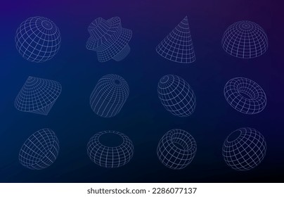 Grid geometric figures. Wirefram shapes indifferent sizes and styles, lowpoly solid unique polygonal figures. Vector set of geometric grid design, wireframe shape mesh illustration