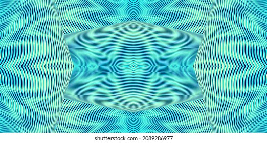 Grid geometric ornamental seamless background in blue emerald halftones and soft optical illusion effect. Vector wavy linear moire effect digital graphics.
