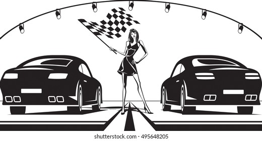 Grid Girl Launches Car Race - Vector Illustration