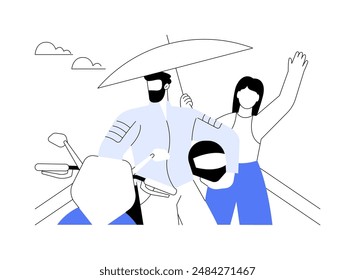 Grid girls abstract concept vector illustration. Professional racer standing near smiling umbrella girl, motorsport industry, sport transport, paddock woman, race queen abstract metaphor.