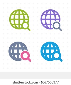 Grid Globe & Magnifier - Zap & Tap Icons. A professional, pixel-aligned icon.
