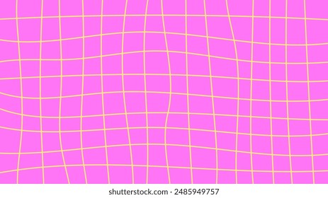 Grid Hand Drawn Vibrant Pink Background. Curvy checkered texture. Modern Swirl line backdrop. Vector illustration. 1920x1080 ratio